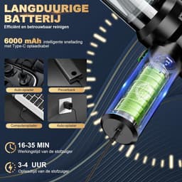Draadloze Handstofzuiger - Mini Stofzuiger - Auto Interieur Reinigen - 4-in-1 Blazen Zuigen - 6000 mAh Batterij - Zwart — thumbnail 3