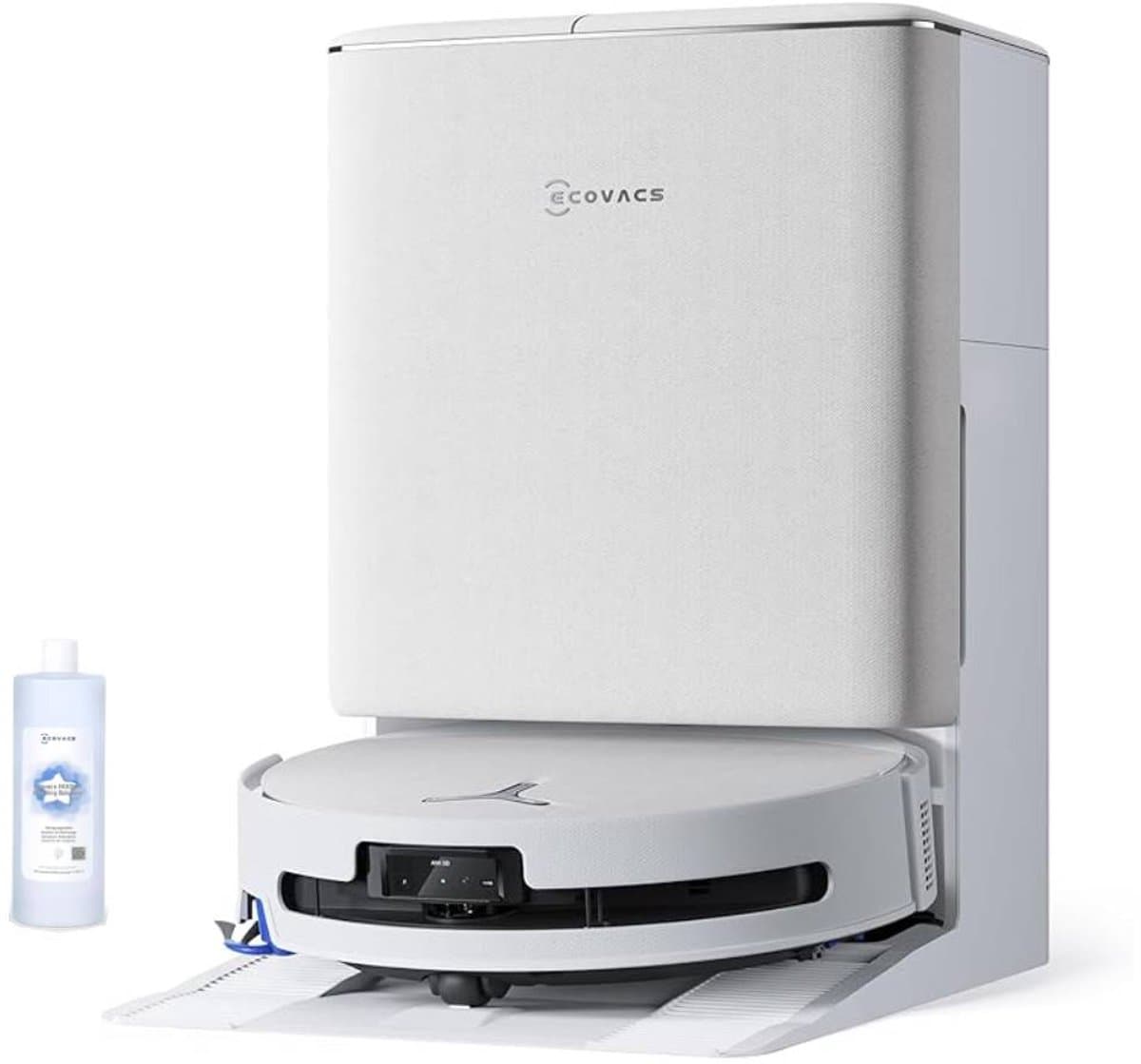 ECOVACS DEEBOT T90 OMNI – Robotstofzuiger – OZMO Roller dweil – 30.000 Pa –ZeroTangle 4.0 Anti-tangle –AIVI 3D obstakelvermijding–Zelfreinigend– Voor harde vloeren & tapijt–Wit–T80 Upgrade–1000ml Schoonmaakmiddel — afbeelding 1