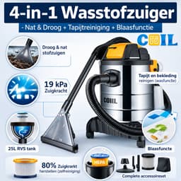 COIL Wasstofzuiger - Voor tapijten en meubelbekleding - 4-in-1 - 25L - Nat- en Droogzuiger + Wasfunctie + Blaasfunctie | Filterreinigingsfunctie I 19 kPa | 5L Detergenttank | HEPA-filter I Accessoires Set — thumbnail 5