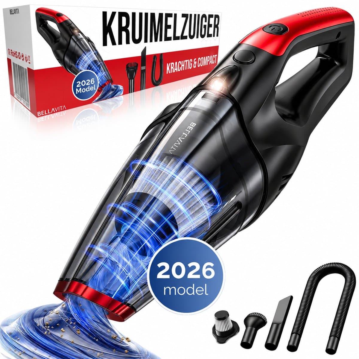 BELLAVITA ® Kruimelzuiger - Kruimeldief - 2026 Model - Handstofzuiger - Snoerloos - Kruimelzuiger Nat & Droog - 3 Opzetstukken - HEPA Filter - LED Verlichting - Extra Krachtig - Auto - Stofzuiger — afbeelding 1