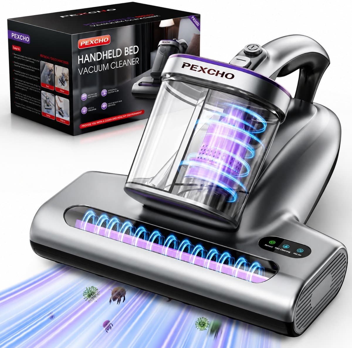 Pexcho Matrasreiniger met UV-C & 65°C Hete Lucht – 15000Pa Zakloos Stofzuiger voor Matras Tapijt Slaapkamer – Anti-Allergie HEPA Filter Huisstofmijtverwijderaar — afbeelding 1