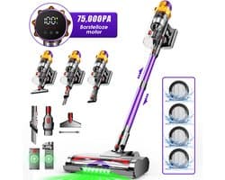 Hiaonyx steelstofzuiger - 9-in-1 steelstofzuiger draadloos - 75000pa - Met dierenborstel - LED Groene Stofdetectielamp - Geschikt voor Tapijten - Harde Vloeren en Dierenharen - 2-liter stofopvangbox - Paars