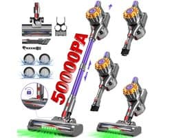 Adormii Steelstofzuiger Draadloos – 50 kPa Sterke Zuigkracht – Tot 60 Min Accuduur – Anti-haarwikkel Vloerborstel – 4 HEPA-filters – 1,6 L Stofreservoir – Groene LED Stofdetectieverlichting – Paars