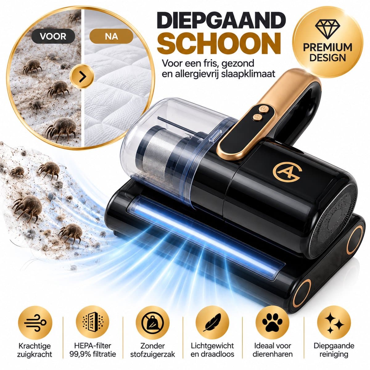 AG370 Matrasreiniger Draadloos – Huisstofmijt Stofzuiger – Bank & Matras Reiniger – Bed Stofzuiger – Tapijt Reiniger – HEPA Filter – Zonder Zak – Black Gold — afbeelding 1