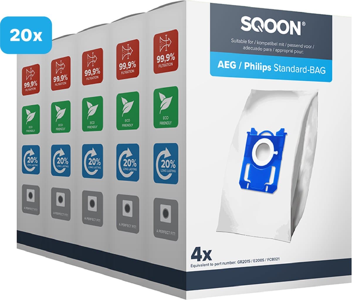 SQOON® Stofzuigerzakken - Geschikt voor AEG (VX8.2 Silence, VX7, VX6, GR201S, GR201M), Philips (3000 Series, Power Go, Performer) en Electrolux (Standard Bag, XXL130, Ergospace) - Hoogwaardige Kwaliteit! - 20 stuks — afbeelding 1