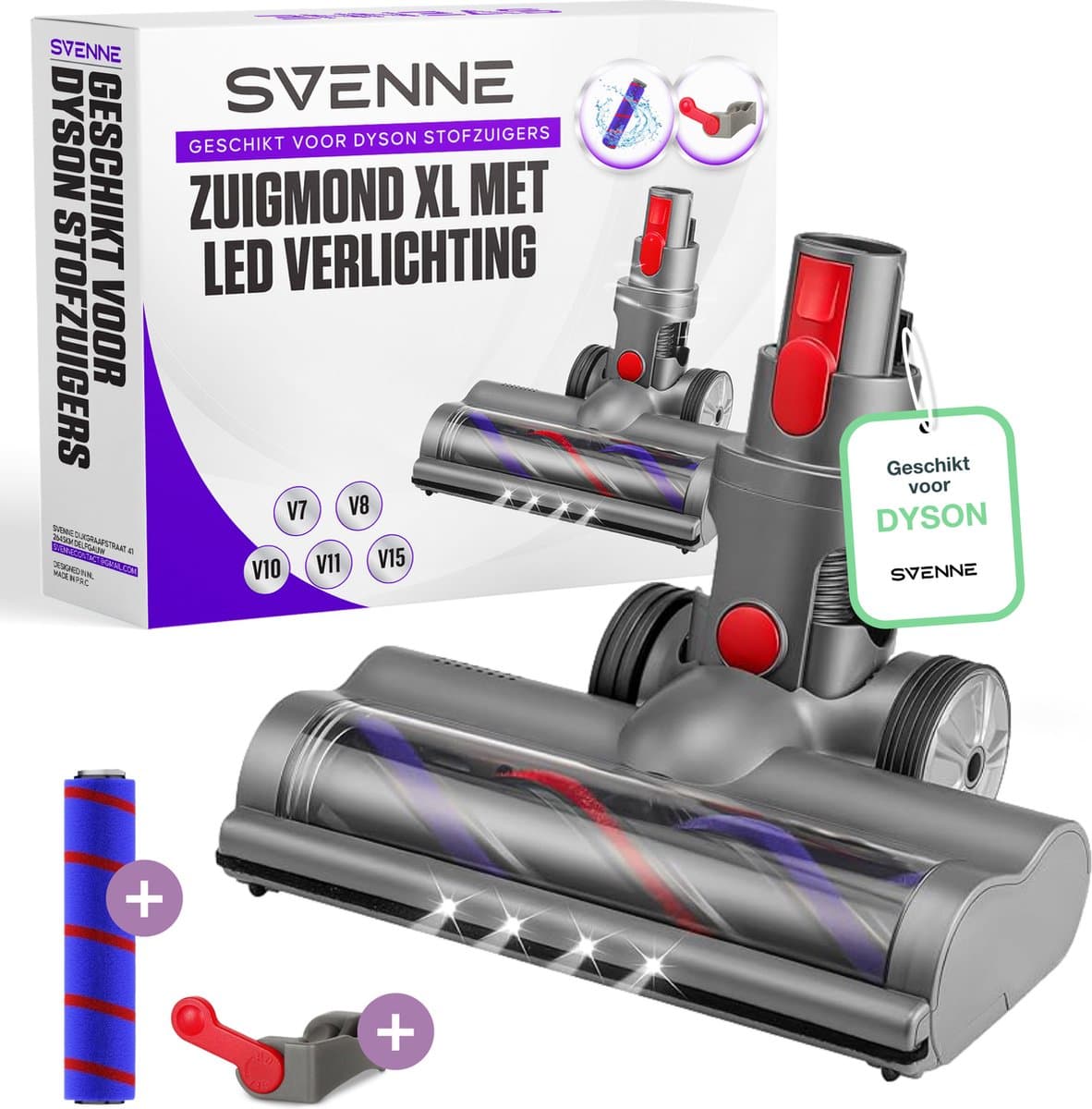 SVENNE® Dyson Zuigmond XL met LED-verlichting, Triggerlock en 2 Rolborstels - Harde en Zachte Borstel, Mondstuk voor V7, V8, V10, V11, V15 - Wasbaar Opzetstuk — afbeelding 1