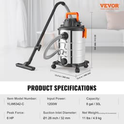 VEVOR Nat-Droogzuiger Industriële Stofzuiger 30L 6PK 1200W Zilver — thumbnail 5