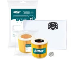 Sillar Stofzuigerzakken synthetisch, 4 stuks + 1x stofzuigerfilter versterkt met gaas - met bevestigingsplug - set voor stofzuigers - compatibel met Karcher WD1 WD2 WD3 WD3.200 KWD1 KWD2 KWD3 SE4 SE4001 SE4002 - vervangers