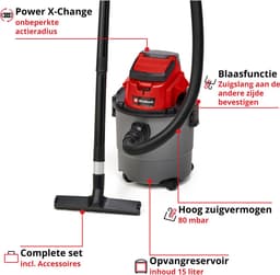 Einhell Accu Nat-/Droogzuiger TC-VC 18/15 Li Solo - Power X-Change - 18 V/Li-Ion - 15 L - 80 mbar - Slanglengte/-diameter: 1.5 m/36 mm - 72 dB - Blaasfunctie - Incl. 10-delige Accessoireset - Excl. accu en lader — thumbnail 2