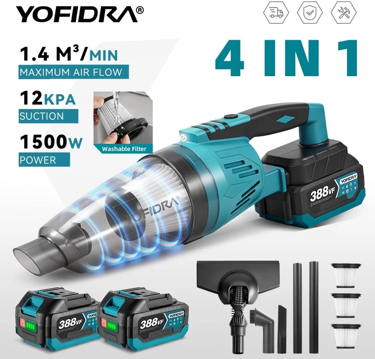 Lunekiss 1500W 4‑in‑1 Draadloze Stofzuiger – 12KPA – 650ml – Compatibel met Makita‑Accupin – Inclusief 2 Batterijen — afbeelding 1