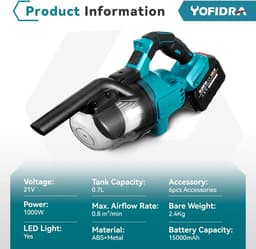 Vevor Draadloze handheld elektrische stofzuiger - Met 2 Batterijen - handstofzuiger - Kruimeldief snoerloos - Kruimelzuigers - 1000W - 18V - 0.7L - Blauw — thumbnail 4