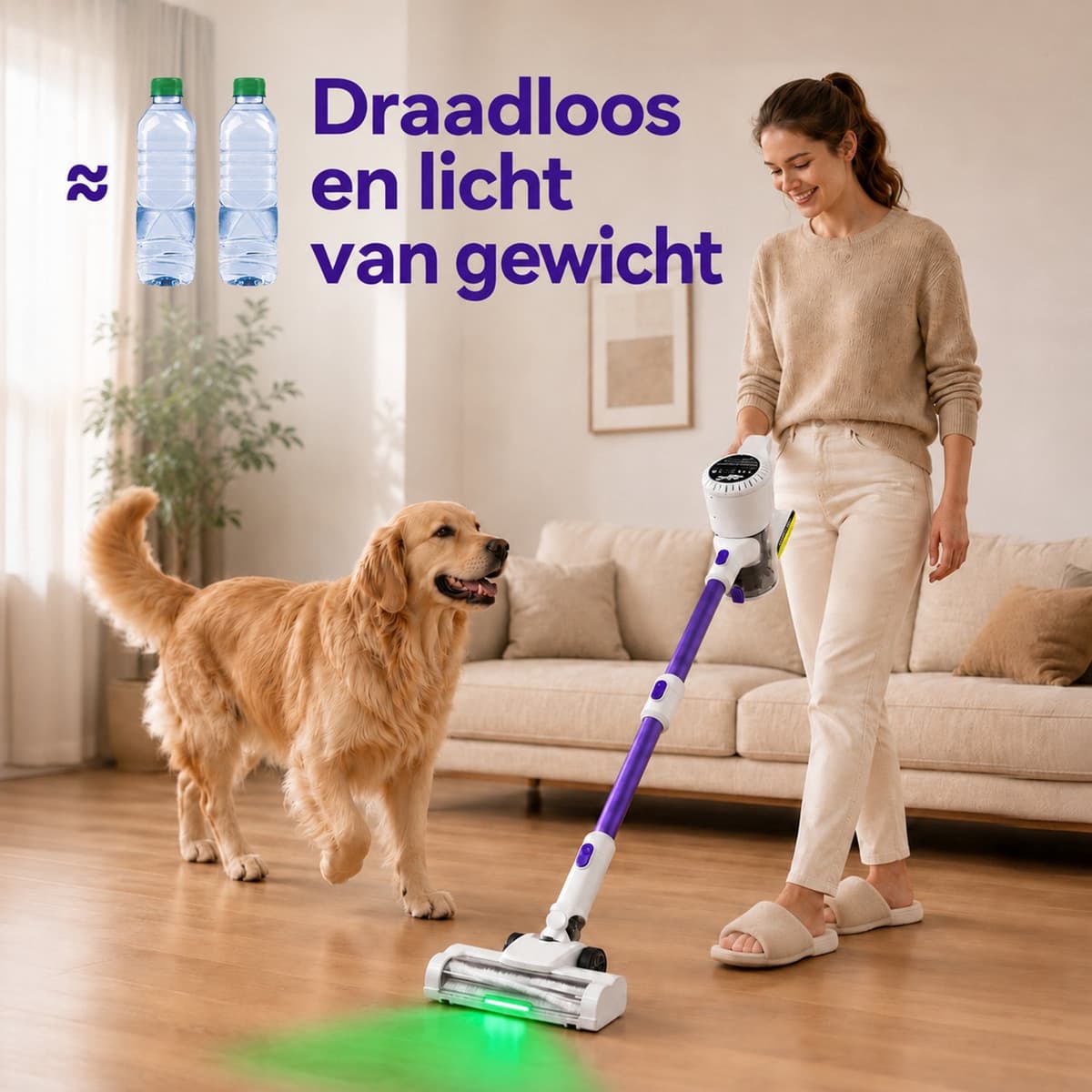 Steelstofzuiger Draadloos 500W - Groene LED & HEPA-filter - 18.000 Pa - Kruimeldief voor Huis en Auto - Zonder Zak - Wit/Paars — afbeelding 1