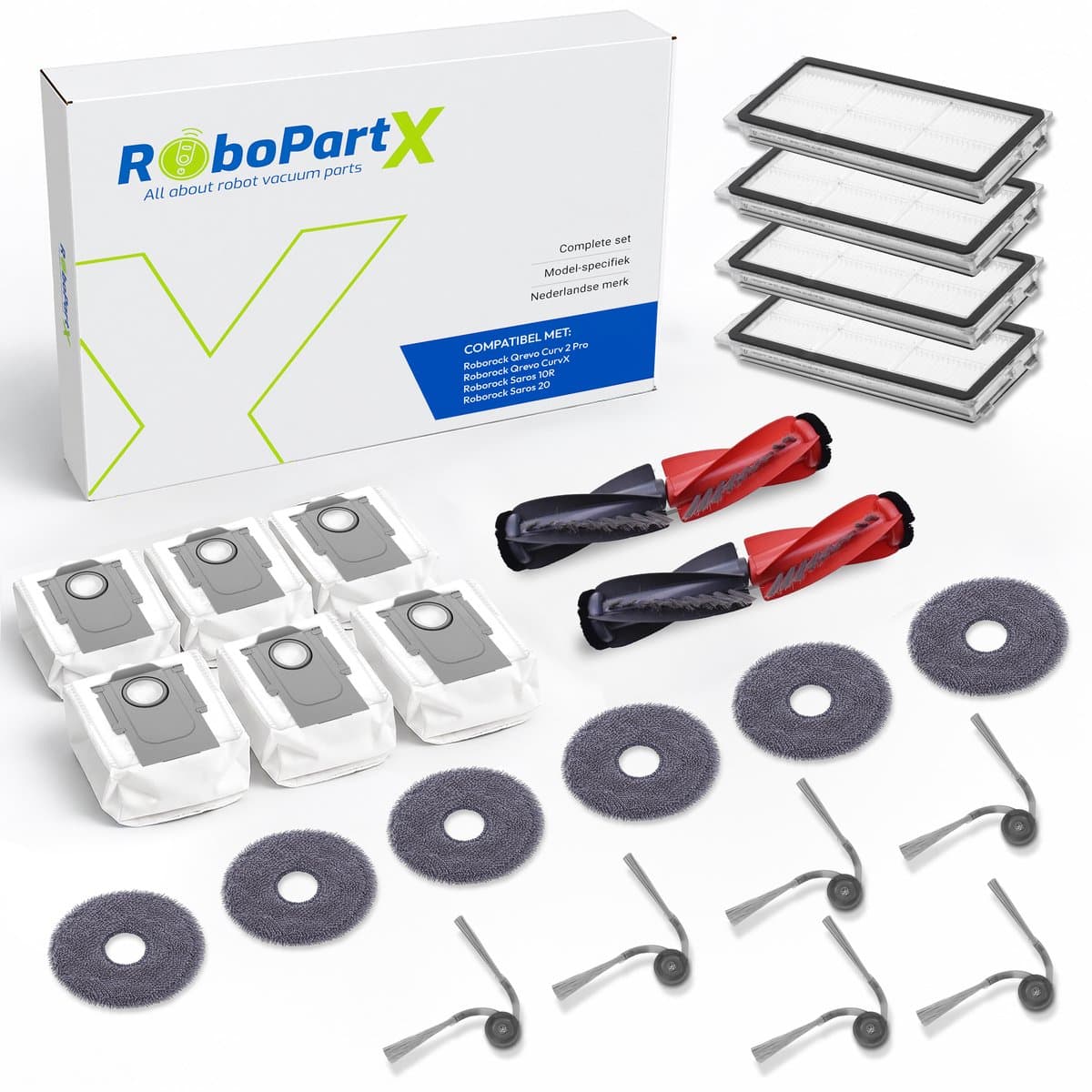 24-delige Accessoires Set Geschikt voor Roborock Saros 10R / Qrevo Curv 2 Pro / Qrevo CurvX Robotstofzuiger - Complete Onderhoudsset met Hoofdborstels, Zijborstels, Dweilpads, Stofzakken & HEPA Filters - Onderdelen — afbeelding 1