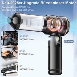 Handstofzuiger met accu, 4-in-1, 32000 Pa autostofzuiger, draadloos, lcd-display, autostofzuiger, borstelloze motor, 300.000 omw/min, stofzuiger voor auto, kantoor, dierenharen — thumbnail 4