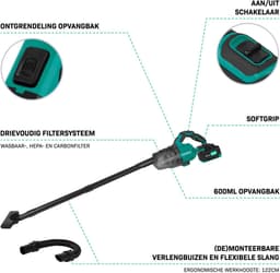 VONROC Krachtige accu steelstofzuiger – VPower 20V – Incl. 4.0Ah accu & snellader – 0.6L opvangbak - Incl. 3 mondstukken, 2 verlengbuizen en flexibele slang — thumbnail 5