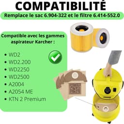 Accessoirespakket voor Karcher WD2 MV2 A2000 A2003 A2064 A2099 - Vervanging Stofzuigerzak 6.904-322 [Set 10] Vervanging Filter 6.414-552.0 [Set 2] — thumbnail 4
