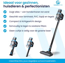 CleanWise Rita – Steelstofzuiger Draadloos met Kruimeldieffunctie – Zonder Zak op Accu – 30kPa Zuigkracht – Groene Laser – HEPA 14 Filter – Lichtgewicht 1,5 kg – Tot 60 Min Accuduur – Voor Huisdierharen – Nederlands Merk — thumbnail 2