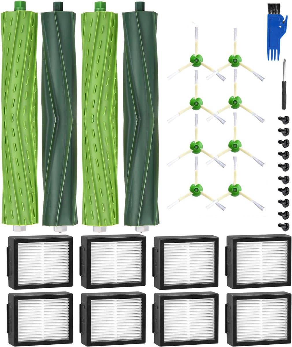 Reserveonderdelen geschikt voor iRobot Roomba E/I-serie, i7 i7+ i3 i3+ i4 i4+ E5 E6, borstelaccessoires geschikt voor iRobot Roomba, 2 sets rubberen borstels,8 hoogwaardige filters, 8 zijborstels — afbeelding 1