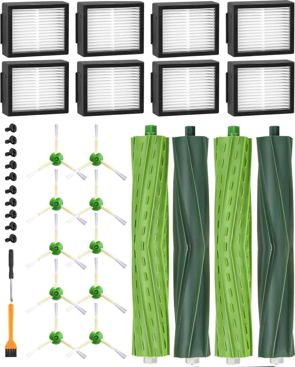 Vervangende onderdelen geschikt voor iRobot Roomba E/I/J-serie, i7 i7+ i3 i3+ i4 i4+ j7 E5 E6, geschikt voor iRobot Roomba-borstelaccessoires, 2 sets rubberen borstels, 8 hoogwaardige filters, 10 zijborstels — afbeelding 1