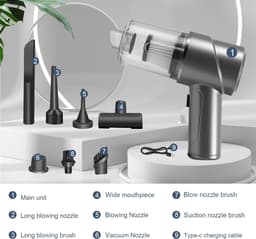 QTTVBTNA – Handstofzuiger 2-in-1 –Kruimeldief – Mini Autostofzuiger met Blaasfunctie – Oplaadbare Nat- en Droogzuiger voor Auto, Thuis, Keuken en Dierenharen – Compact en Lichtgewicht – Zilver — thumbnail 2