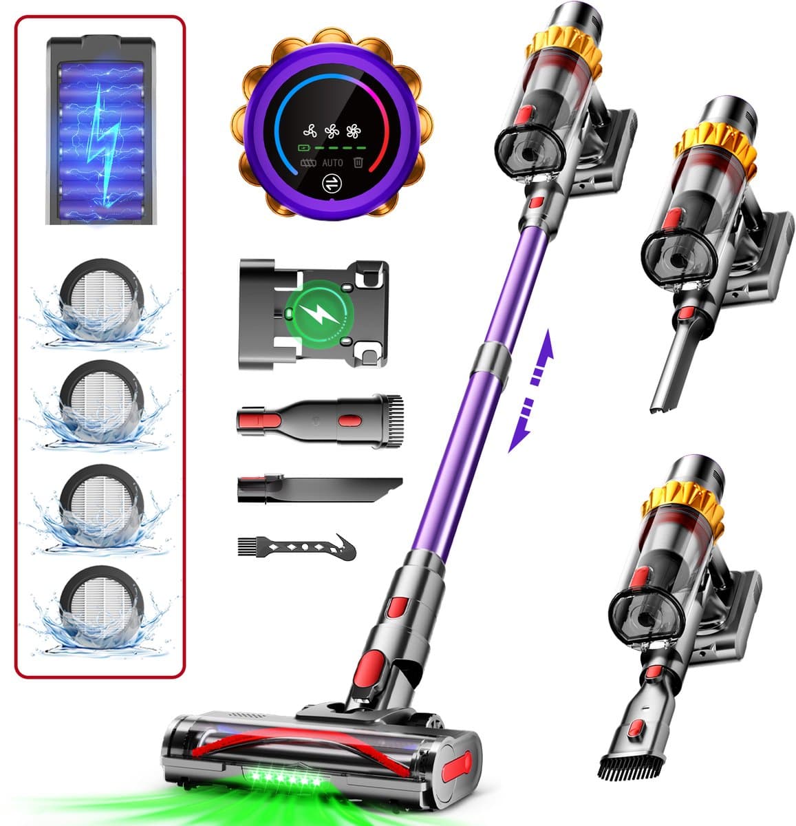 Hiaonyx steelstofzuiger - 9-in-1 steelstofzuiger draadloos - 75000pa - Met dierenborstel - LED Groene Stofdetectielamp - Geschikt voor Tapijten - Harde Vloeren en Dierenharen - 2-liter stofopvangbox - Goudkleurig — afbeelding 1