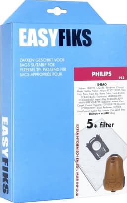Easyfiks P12 stofzuigerzakken geschikt voor Philips S-bag - series Performer Active, Expression, Mobilo - 5 Stuks + 1 filter — thumbnail 1