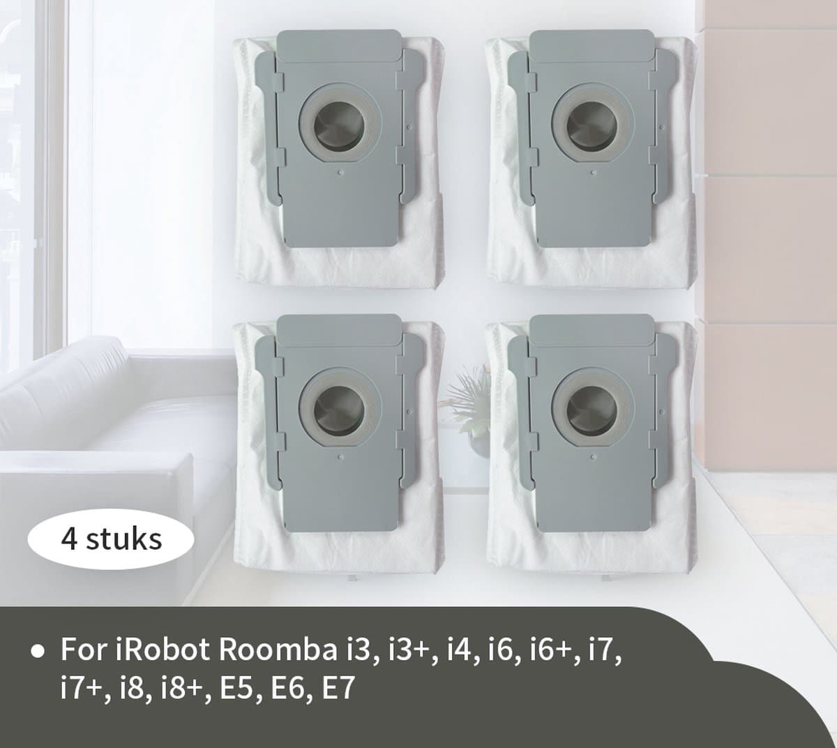 Replacements® Stofzuigerzakken geschikt voor Irobot Roomba e5 e6 e7 i1 i1+ i3 i3+ i4 i4+ i5 i5+ J5 J5 combo i6 i6+ i7 i7+ J7 J7+ i8 i8+ - 4 stuks — afbeelding 1