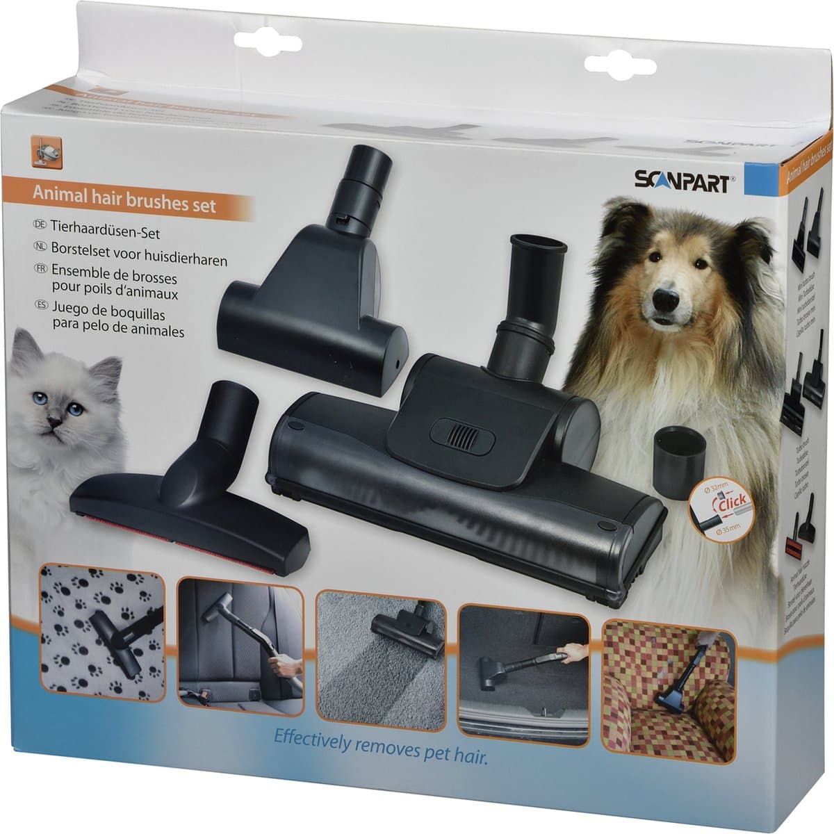 Scanpart stofzuigermonden voor dierenharen 32 en 35 mm - Voor het verwijderen van honden en katten haar - Cat and dog - Borstelset - Geschikt voor AEG Bosch Electrolux Miele Moulinex Nilfisk Philips Rowenta Siemens - Universeel - 3 stuks — afbeelding 1