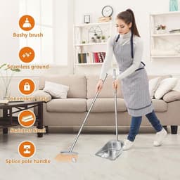 Bezem met stofpan - Vloer reiniger - Vloeren schoonmaken - Brede veegkop - Roestvrij staal - Grijs — thumbnail 3
