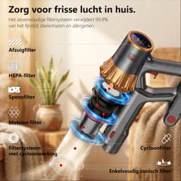 Vovtenza -Steelstofzuiger - Draadloze stofzuiger - 70000 PA zuigkracht - LED-display - Zakloos-werkt op batterijen - Geschikt voor dierenharen - Wordt geleverd met 4 verschillende opzetstukken - 3 zuigstanden - Anti-klit vloerborstel - 1,8 liter-Goud — thumbnail 5