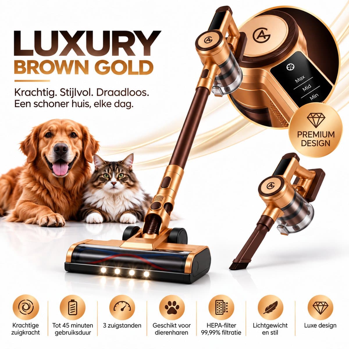 AG4200 Steelstofzuiger Draadloos – Stofzuiger Zonder Zak - 35.000 Pa – Krachtige Draadloze Stofzuiger – Kruimeldief – Dierenharen – LED Zuigmond – Lichtgewicht – Luxury Brown Gold — afbeelding 1
