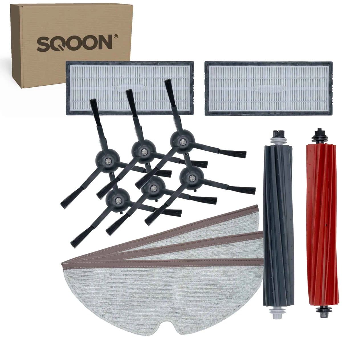 SQOON® vervangingsset geschikt voor Roborock S8 serie robotstofzuigers - 12-delige onderhoudskit met HEPA filters, zijborstels, borstelrol en dweilpads — afbeelding 1