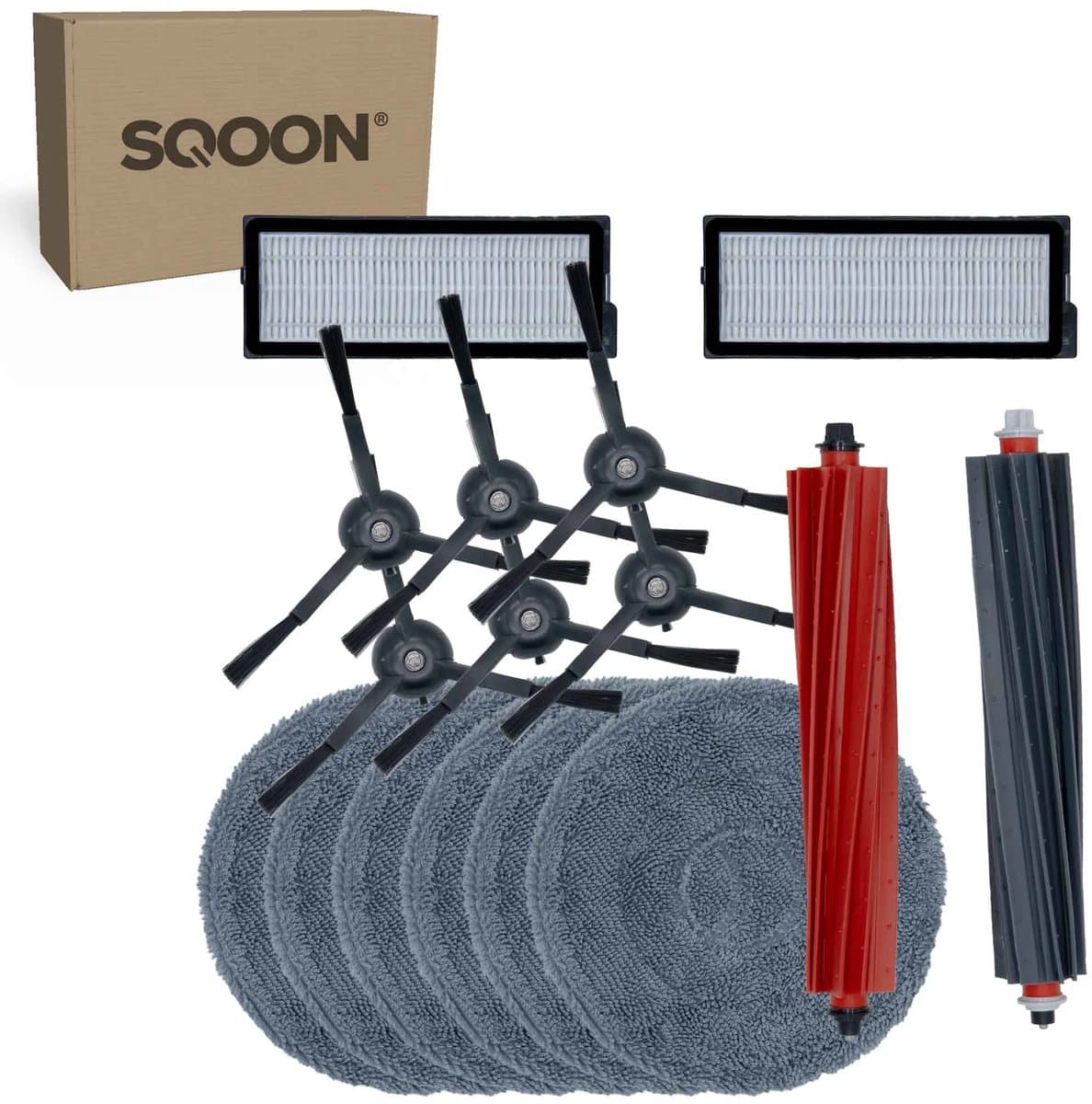 SQOON® vervangingsset geschikt voor Roborock Qrevo Master - 15-delige onderhoudskit met HEPA filters, zijborstels, borstelrol en dweilpadschijven — afbeelding 1