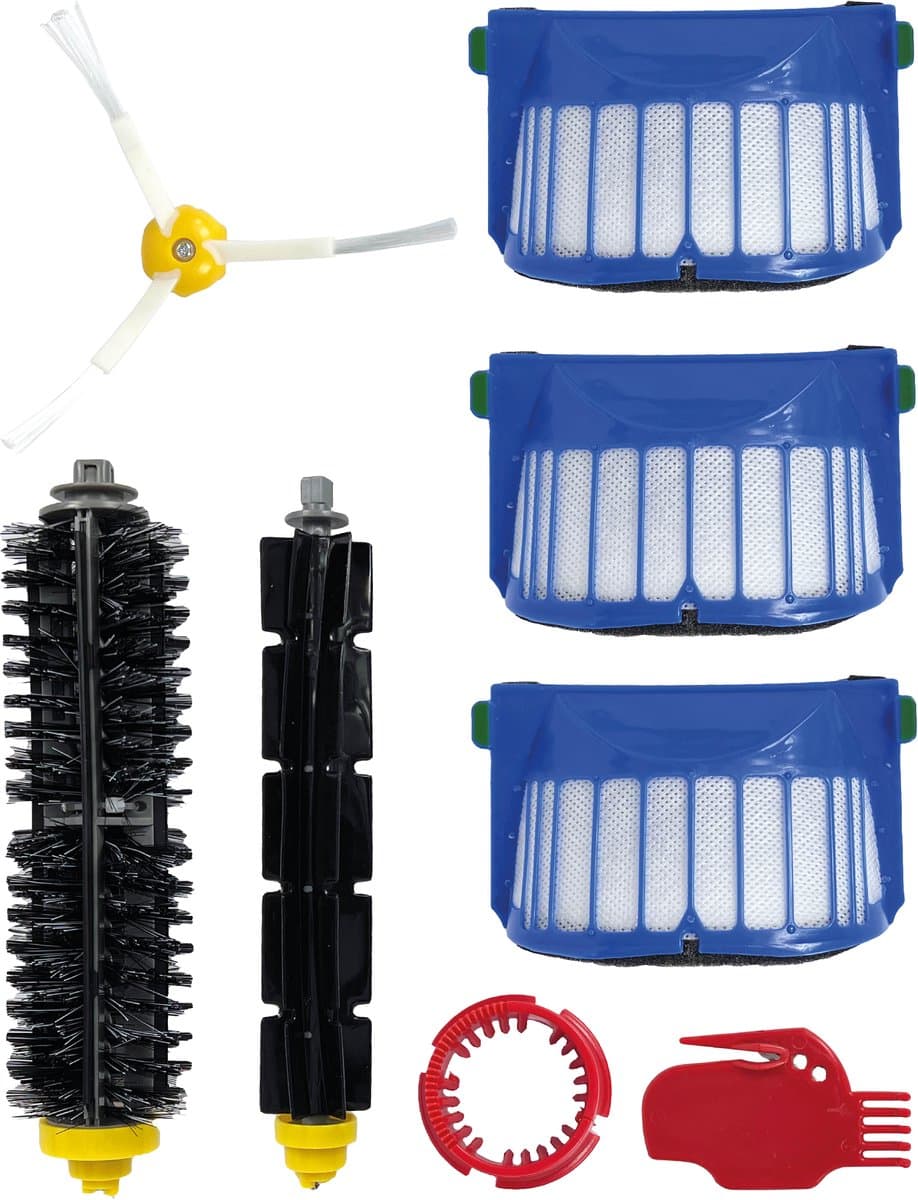 PARTS4® Robotstofzuiger vervangingsset geschikt voor iRobot Roomba 600 serie | 8-delige set met 2 tegengesteld draaiende borstels, zijborstel, Aerovac-filter (3 x), gereedschap borstelreiniging & kam | Alternatief voor ACC222, ACC233, 820262, 15060 — afbeelding 1