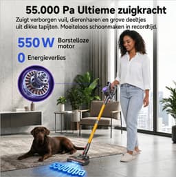 Draadloze stofzuiger, 45 kPa/550 W/50 min steelstofzuiger voor thuis, anti-klitstofzuiger met afneembare accu, led-display, lichte handstofzuiger voor dierenhaar/tapijt/vloer — thumbnail 5
