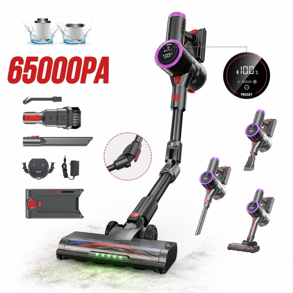 Prasky P1MAX - Draadloze Steelstofzuiger - 6500Pa - 60 minuten looptijd - Paars — afbeelding 1
