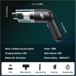 Draadloze Mini-stofzuiger - Handheld Krachtig - Auto Huis Schoonmaken - 15000Pa Zuigkracht - 120 Watt - Zwart — thumbnail 4