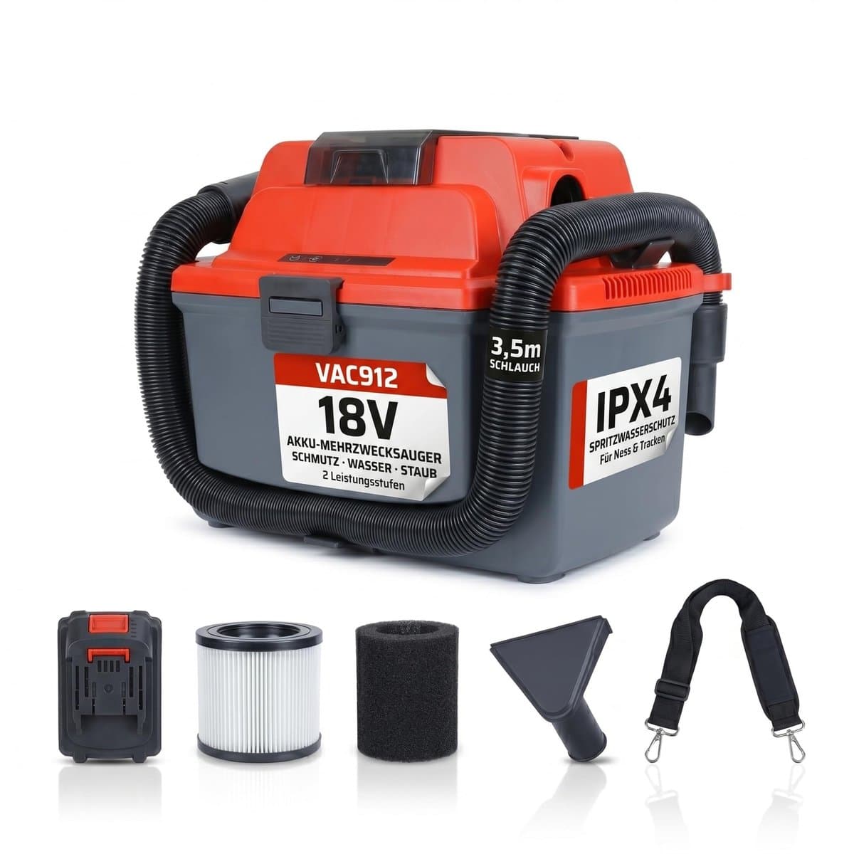 STAHLMANN VAC912 accu-nat- en droogzuiger 18 V incl. accu – Draadloze nat- en droogzuiger voor auto, werkplaats, garage en bouwplaats | Zuigt nat en droog | Blaast | HEPA-filter | Accu-autostofzuiger — afbeelding 1