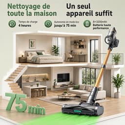 Draadloze Steelstofzuiger 65 kPa/650 W, 75 Min Looptijd, 6-Traps HEPA-filter, 1,6 L Stofreservoir, Zelfstaand met Wandlader, Stil ≤60 dB, Anti-Klit Borstel voor Tapijt, Harde Vloeren en Dierenhaar — thumbnail 2
