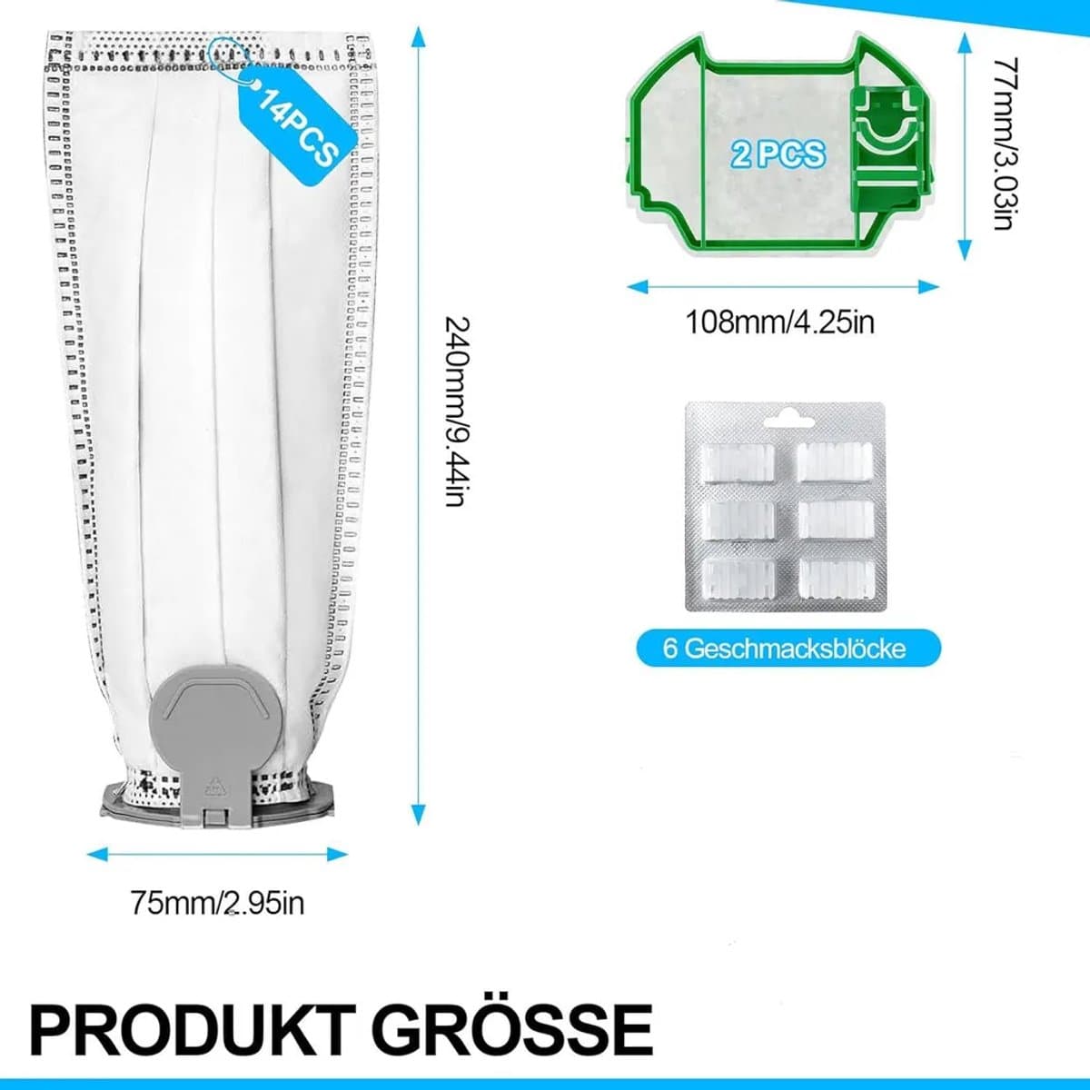 Deze set bevat 14 stofzuigerzakken, 2 filters en 6 geurblokjes Geschikt voor de VK7 FP7 stofzuiger; een hoogwaardige set stofzuigerzakken Geschikt voor Kobold stofzuigers. — afbeelding 1