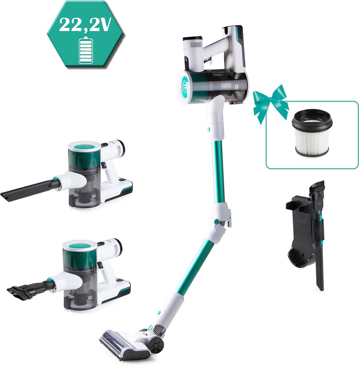 PRIMO PR510SV 3-in-1 Steelstofzuiger Draadloos - Stofzuiger zonder zak - Kruimelzuiger - Flexibele steel - Wit/Groen — afbeelding 1