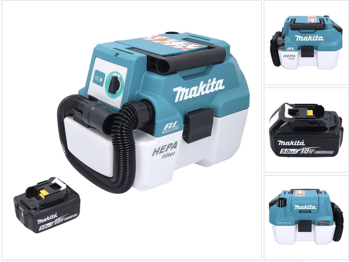 Makita DVC 750 LT1 accustofzuiger LXT 18 V 67 mbar 7,5 l borstelloos + 1x accu 5,0 Ah - zonder oplader — afbeelding 1