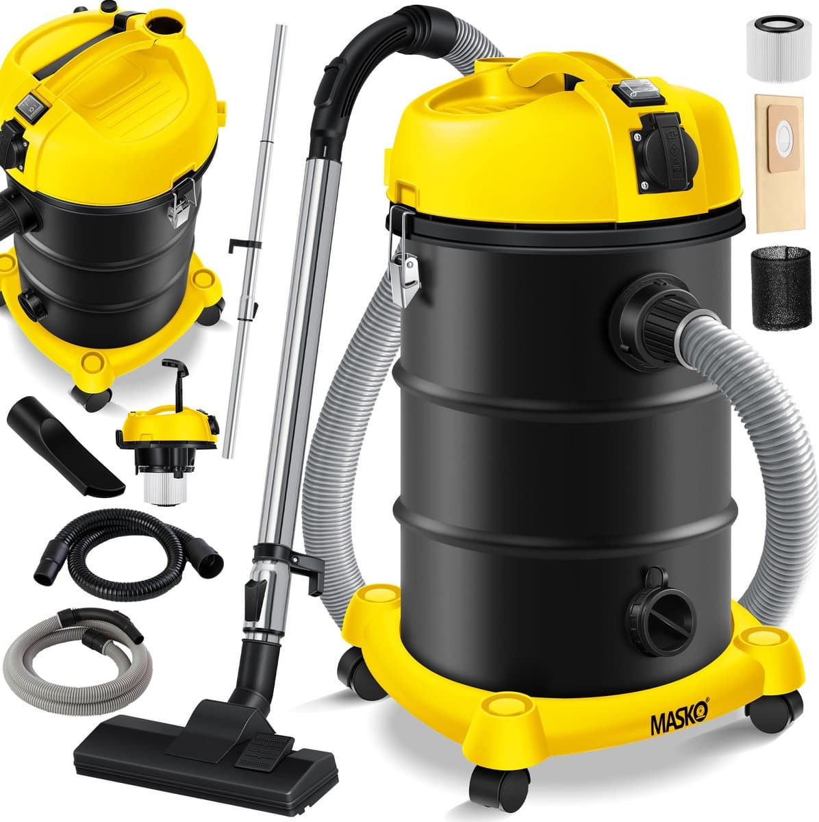 MASKO® Alleszuiger 6IN1 Nat- en Droogzuiger 2300W + stopcontact, Blaasfunctie, Droog- & natzuigen | Industriële stofzuiger vuilreservoir 30L Bouwstofzuiger - Geel — afbeelding 1