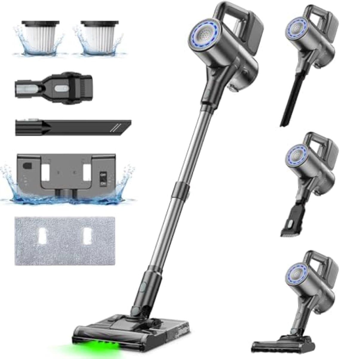Draadloze 2-in-1 Stofzuiger en Dweil met 40 kPa Zuigkracht, Groen LED Licht, HEPA Filter, 6 Accessoires, Geschikt voor Alle Vloertypes en Dierenharen - Grijs — afbeelding 1