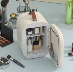 MEUNIQ mini koelkast 4 L cosmetica koelkast met koel- en verwarmingsfunctie, draagbare beauty fridge met handgreep voor cosmetica, drankjes en snacks, crèmewit — thumbnail 1