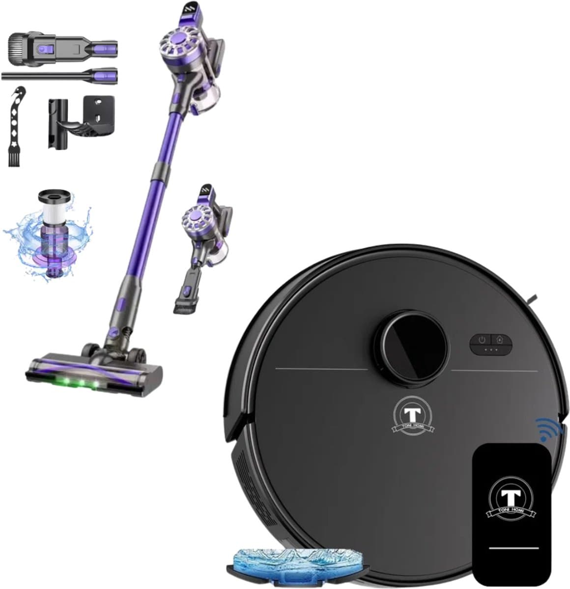 TONIHOMI® Robotstofzuiger & Steelstofzuiger Combi Set – Met Dweilfunctie – Krachtige Zuigkracht – Draadloos – Voor Harde Vloeren & Tapijt — afbeelding 1