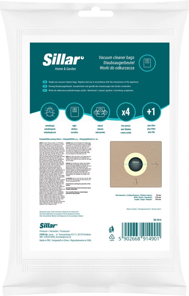 Sillar, stofzuigerzakken, van stof, met 1x inlaatfilter, 3 filterlagen, vervangingsonderdeel, geschikt voor stofzuigers van AEG, Amica, Bosch, Karcher, LG, Philips, Zelmer, 4 stuks — afbeelding 1