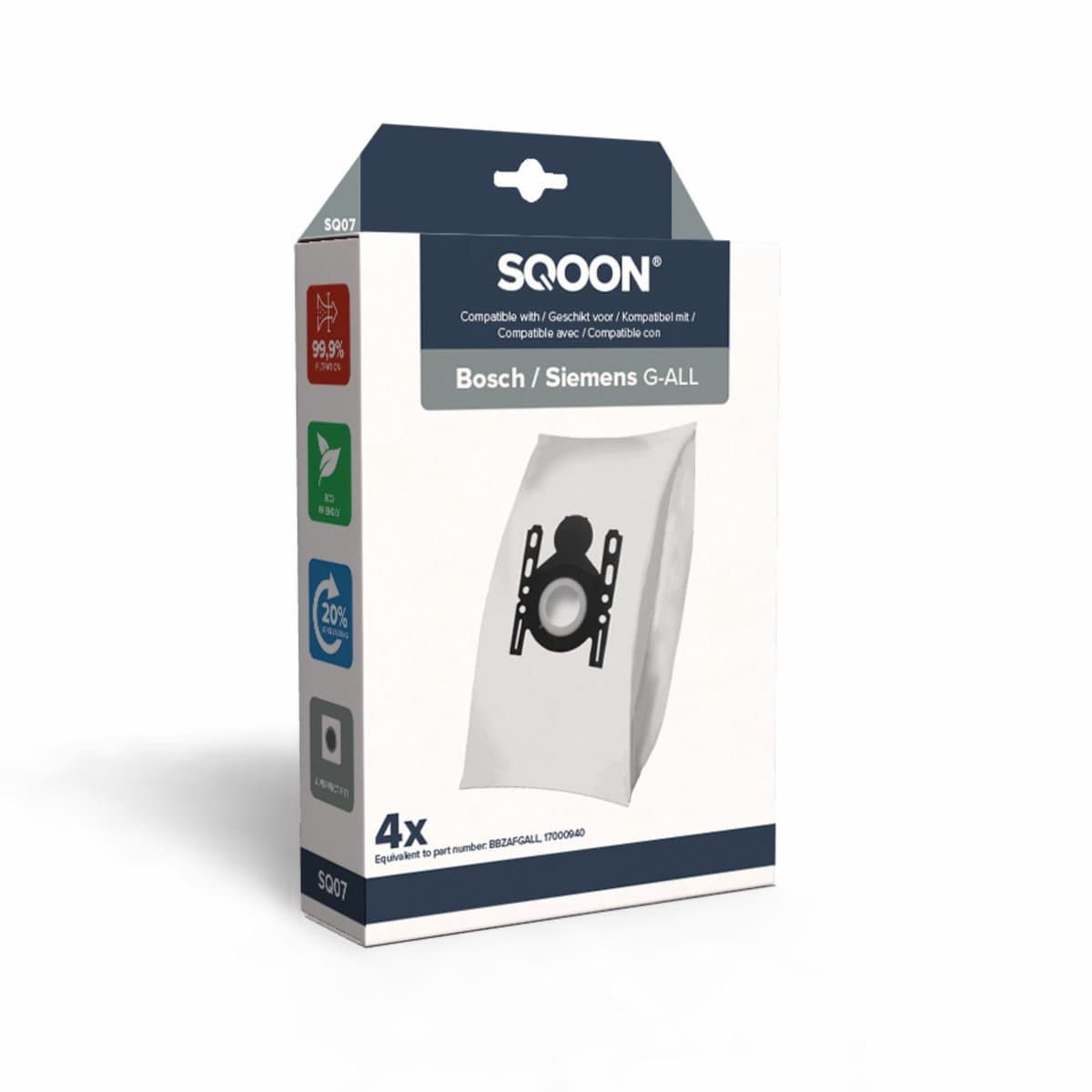SQOON® Stofzuigerzakken Geschikt voor Bosch / Siemens Modellen – Vervangt Modellen 577549 / 00577549 / BBZ51FGALL – High Filtration voor Optimale Stofopname en Bescherming - (SQ07) - 4 Stuks — afbeelding 1