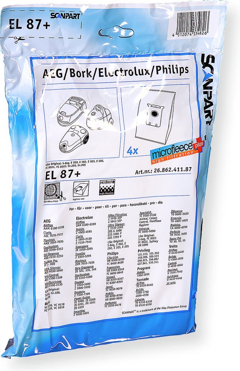 Scanpart stofzuigerzakken 4 stuks - Geschikt voor AEG Electrolux Philips S-bag - Inclusief 1 filter - Alternatief — afbeelding 1