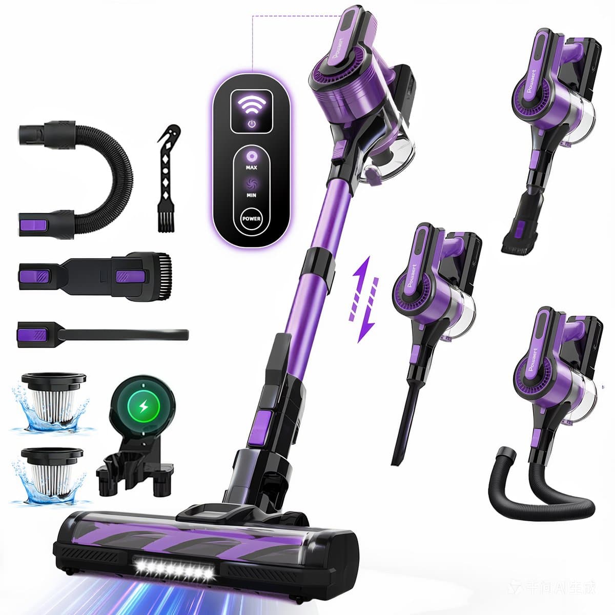 Grenintol V870 Steelstofzuiger - Snoerloze Stofzuiger met Accu - Draadloos Steelstofzuiger - 60000Pa Krachtige Zuigkracht - 350W Borstelloze Motor - 1.6L Grote Stofbak - HEPA Filter - LED Verlichting - Voor Dierenharen & Harde Vloeren - Paars — afbeelding 1